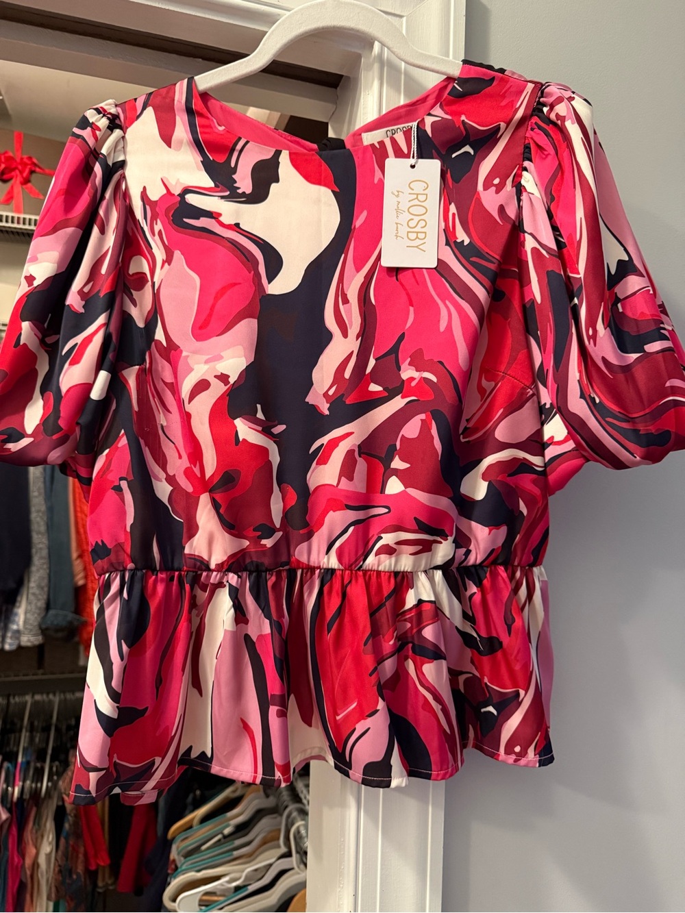 NWT-Crosby by Mollie Burch-Pink Multi-Color Abstract Peplum Blouse-Size Medium